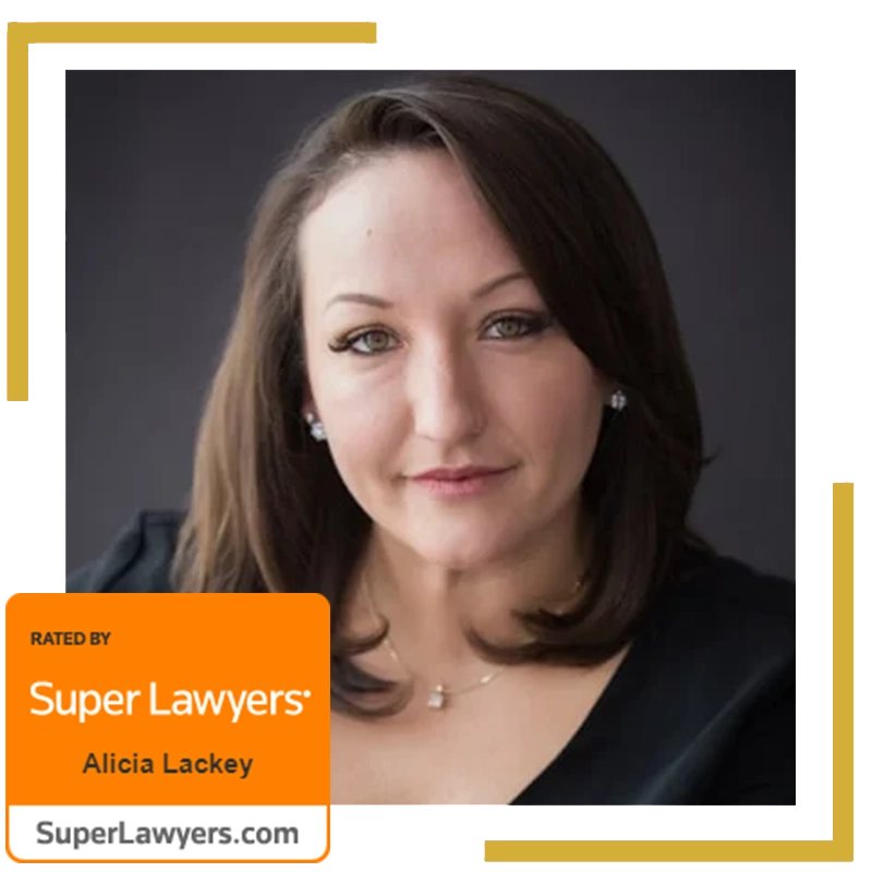 Professional headshot of a woman with straight brown hair wearing a black top, with a Super Lawyers rating badge and the name Alicia Lackey displayed.