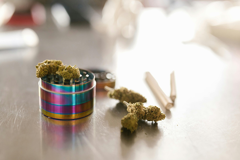 A metal grinder with cannabis buds sits on a table next to two rolled joints, all in natural light.